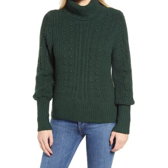 RACHEL PARCELL NEW $89 Cable‎ & Bobble Turtleneck Sweater Green Park XXS - Picture 1 of 5